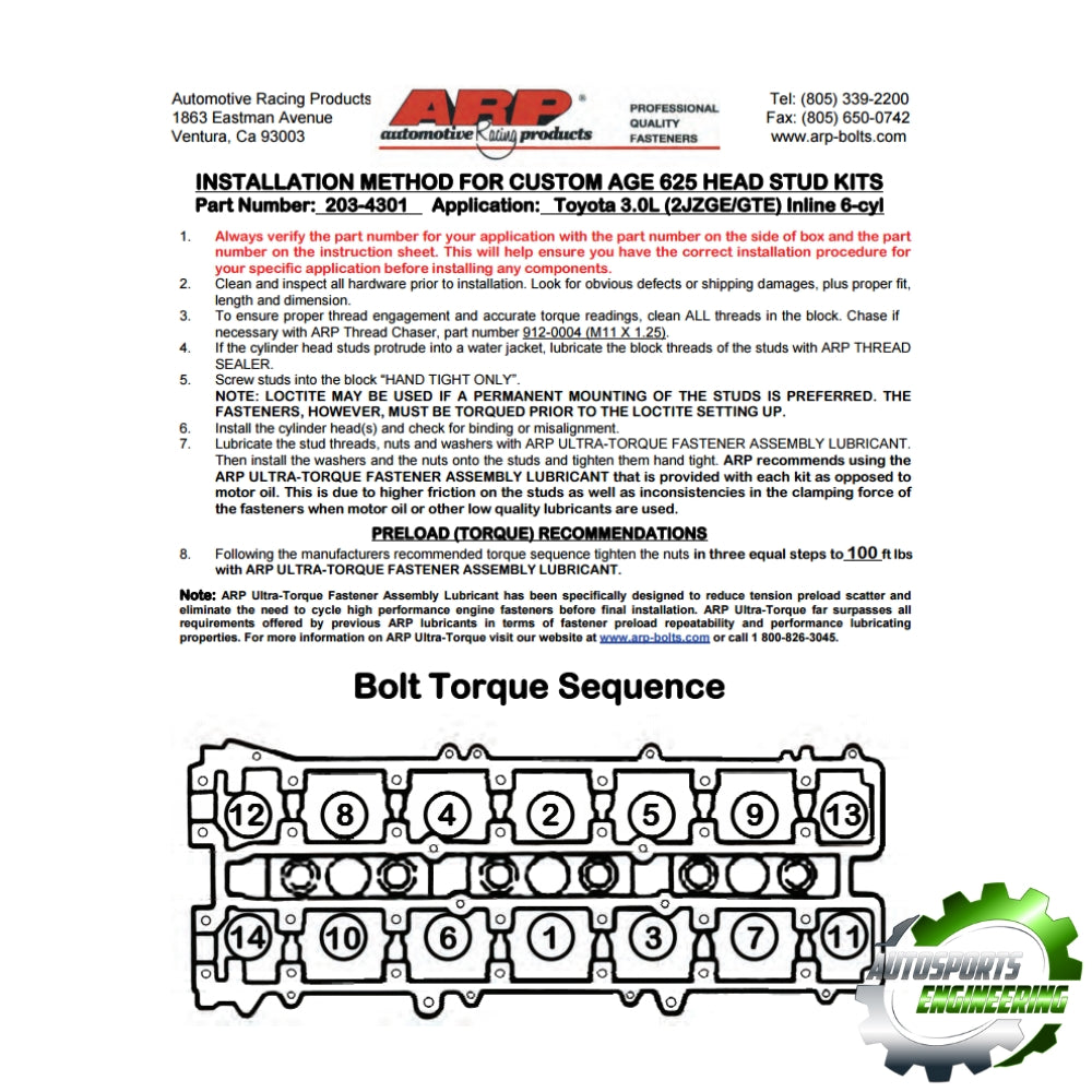 ARP CA 625+ Head Stud Kit 1JZ/2JZ